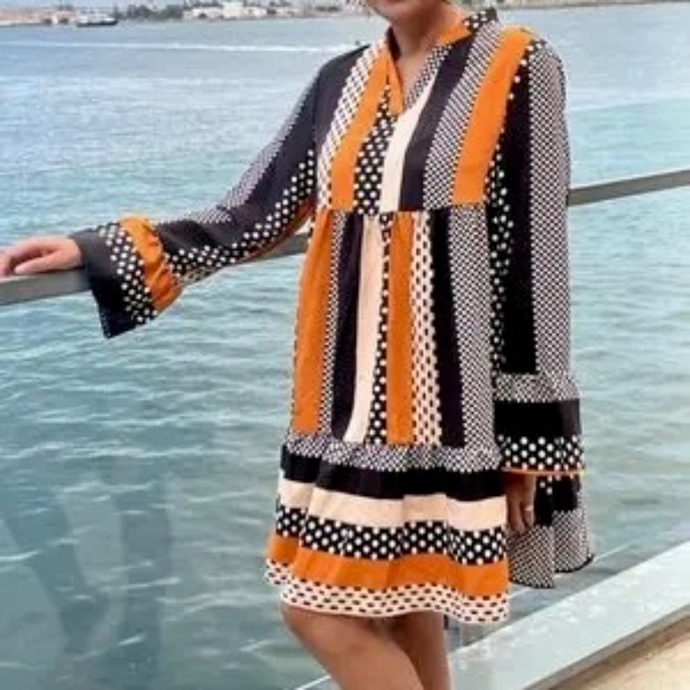 Colorblock Polka‎ Dot Babydoll Dress Bell Sleeve Mixed Print